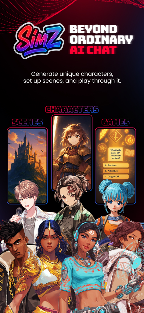 SimZ: Chat with AI Characters - Interfaz de la aplicación SimZ para crear y chatear con personajes IA estilo anime