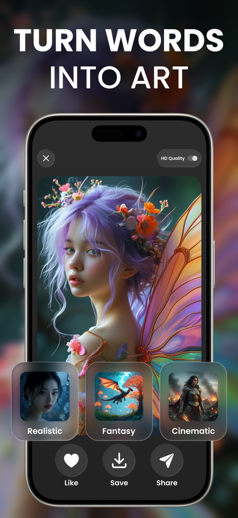 Raphael: AI Image Generator - Interface of Raphael AI Image Generator app displaying a fantasy-style digital artwork of a girl with butterfly wings