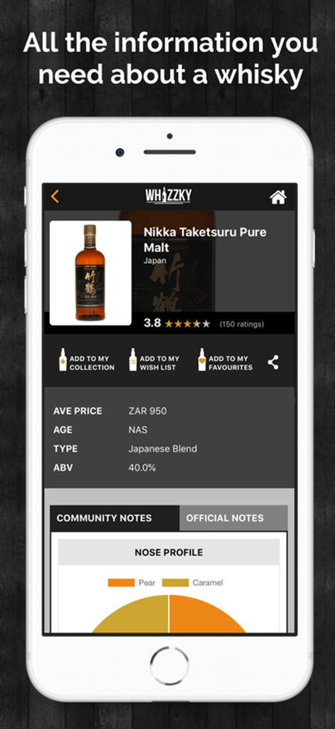 Mobile app screen showing detailed information ratings and flavor profile for a bottle of whisky