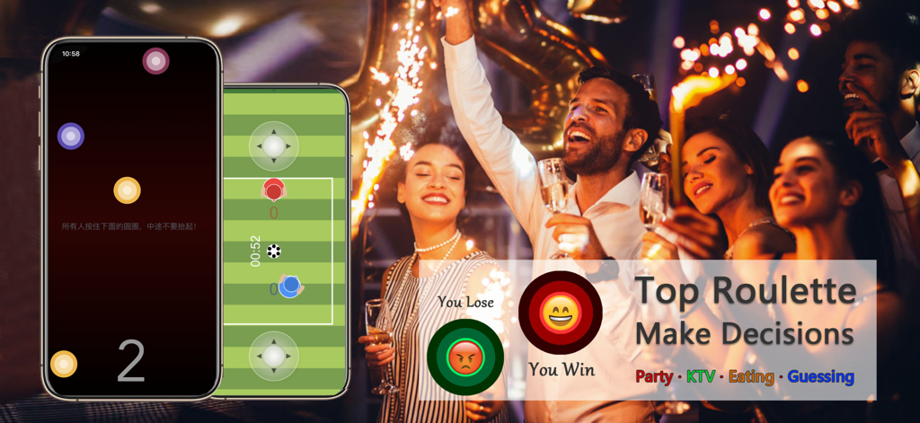 Shock my friends-Tap Roulette. - Friends celebrating at a party with the Tap Roulette decision making app displayed on smartphones