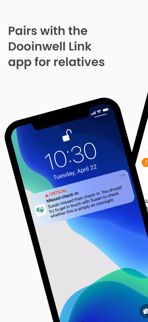 Dooinwell – Daily Check-in - A smartphone screen displaying a critical missed check in notification for a relative on the Dooinwell app