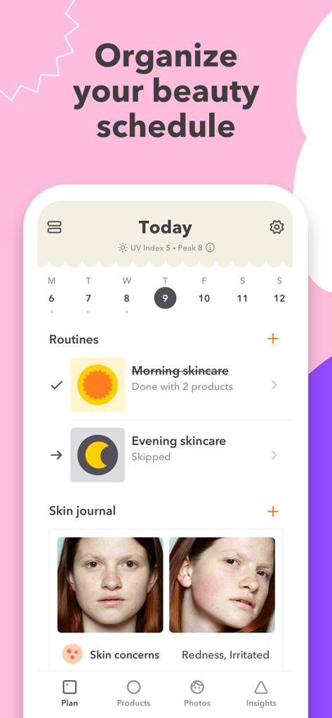 Skincare Routine: BasicBeauty - BasicBeauty app dashboard showing a daily skincare schedule with morning and evening routines and a skin progress journal with photos