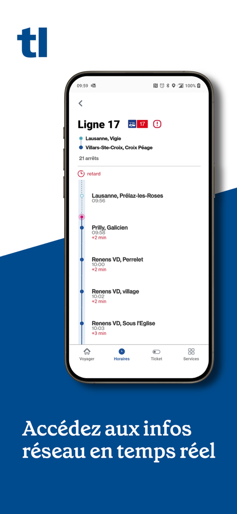 Interfaz de la app tl mostrando el horario de la línea de autobús 17 en tiempo real y los retrasos en Lausana