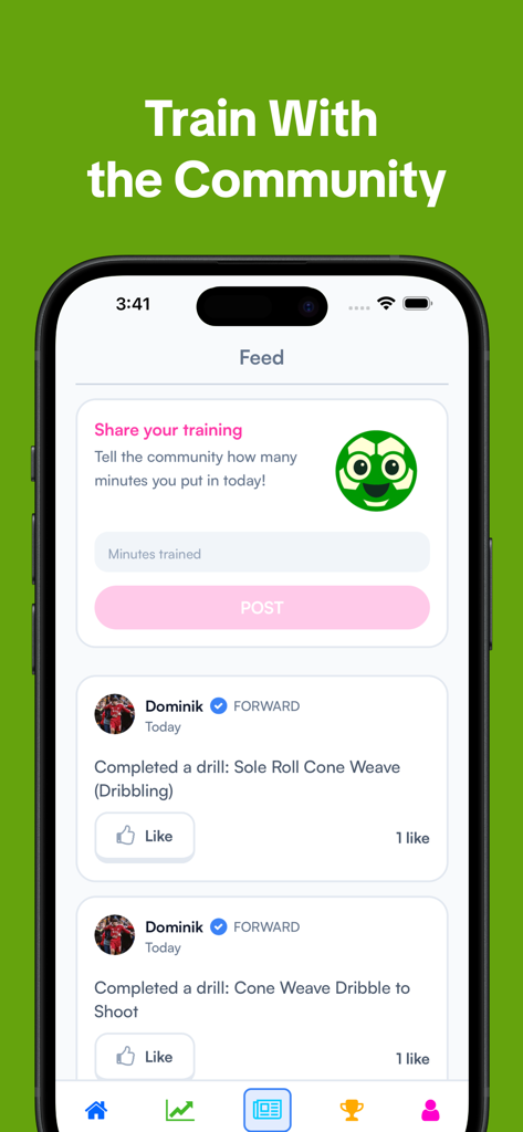 Footwork: Train Soccer Better - A mobile screen showing the community feed of the Footwork soccer app where players share completed drills and training minutes