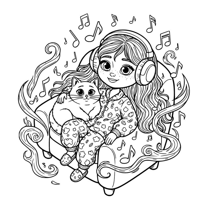 girl relaxing with cat nearby surrounded by music music notes and curls of wispy  ethereal and mystical energy wearing headphones and pjs