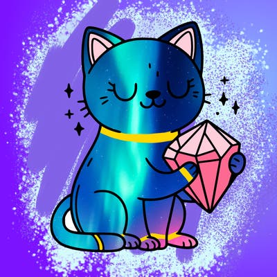 a cat sitting holding a crystal