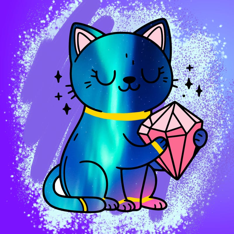 a cat sitting holding a crystal