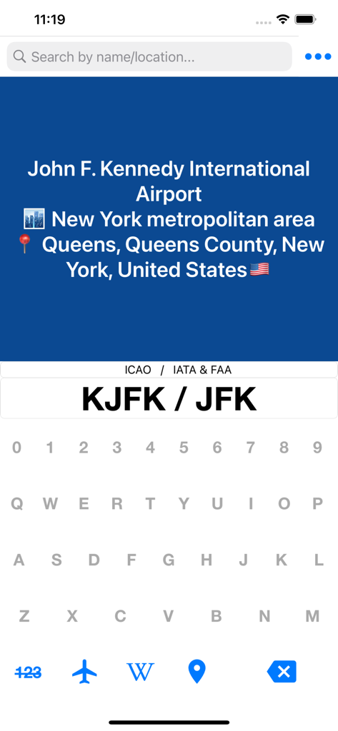 Airport ID - Airport ID mobile app screen showing IATA and ICAO codes for JFK airport