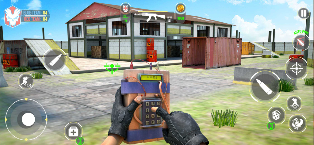 FPS Battle Royale: Gun Games - First person view of a player interacting with an explosive device keypad in a combat arena