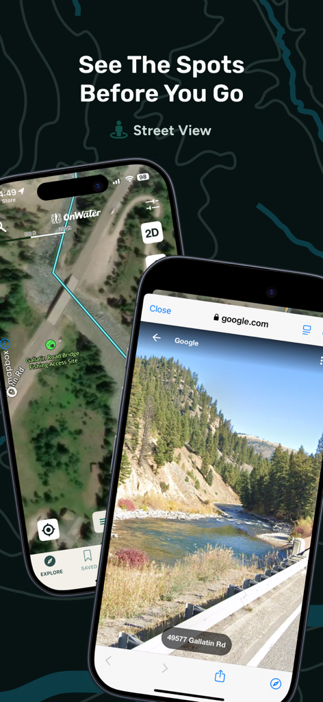 onWater Fish Maps & Forecast - onWater app showing satellite map and street view of a river fishing access point
