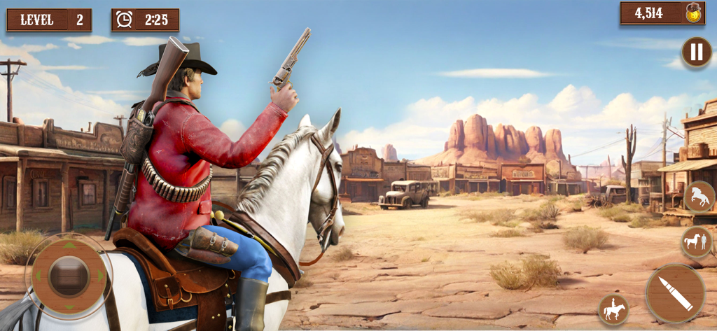 Wild West Cowboy Sniper RPG - Un vaquero con chaqueta roja montando un caballo blanco por un pueblo desértico del oeste mientras sostiene una pistola