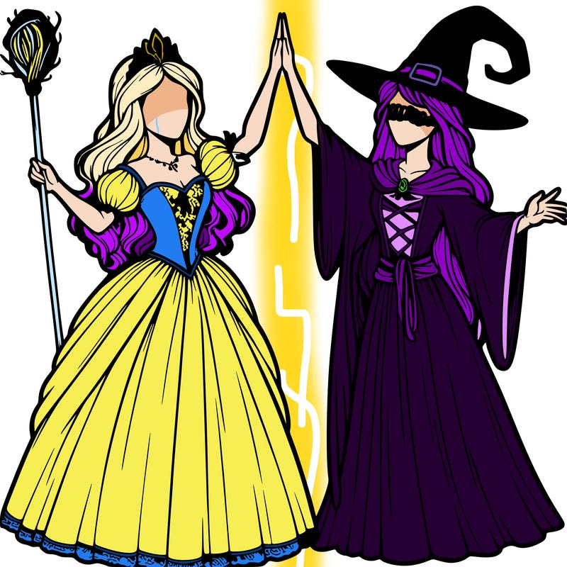 detailed realistic split of a princess and a witch
