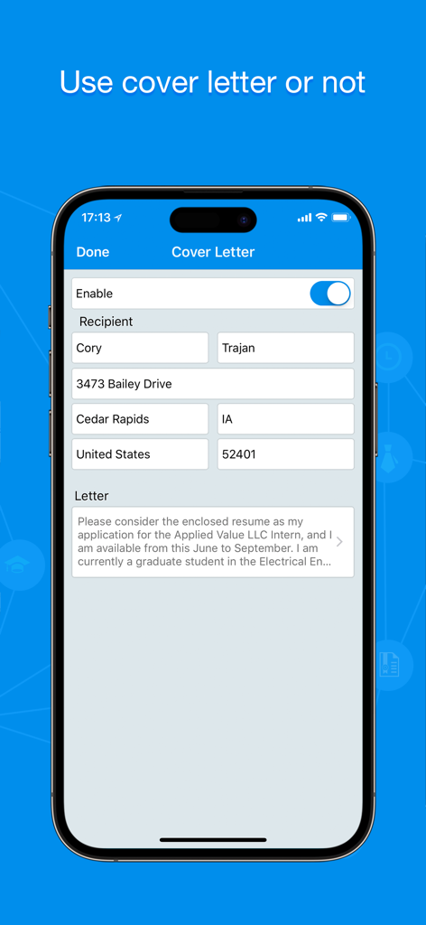 Quick Resume Pro - Mobile app interface showing the cover letter editor with fields for recipient name, address, and message content.
