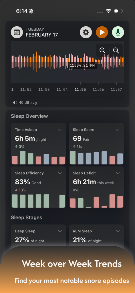 Snore Timeline - Snore Timeline app dashboard displaying sleep score and weekly health trends