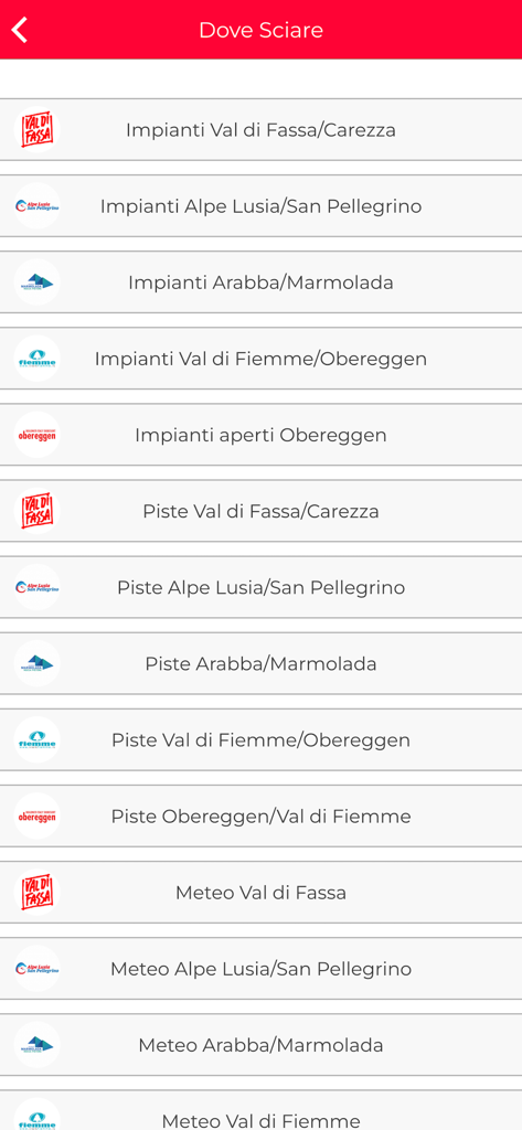 A menu in the infoFassa&Fiemme app showing options for ski lift status, slope information, and weather updates for the Dolomites.