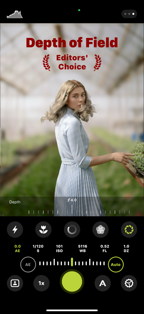 A mobile camera interface showcasing the depth of field mode with a blurred greenhouse background behind a woman.