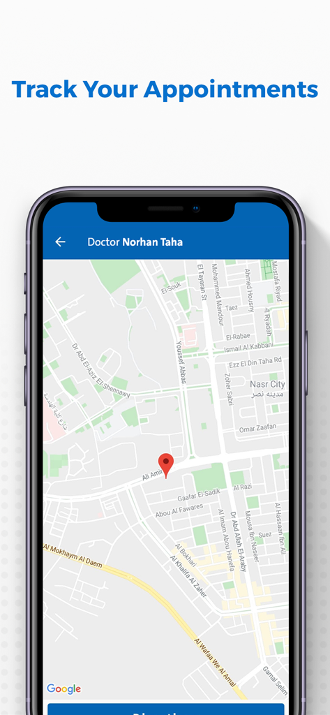 Screenshot der Vezeeta-App mit Google Maps-Integration zur Verfolgung des Standorts eines Arzttermins für einen bestimmten Arzt.