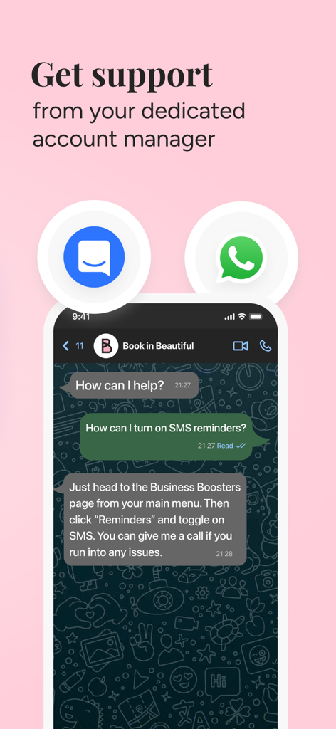 Book in Beautiful Business - A smartphone showing a chat conversation with a dedicated account manager providing business support.