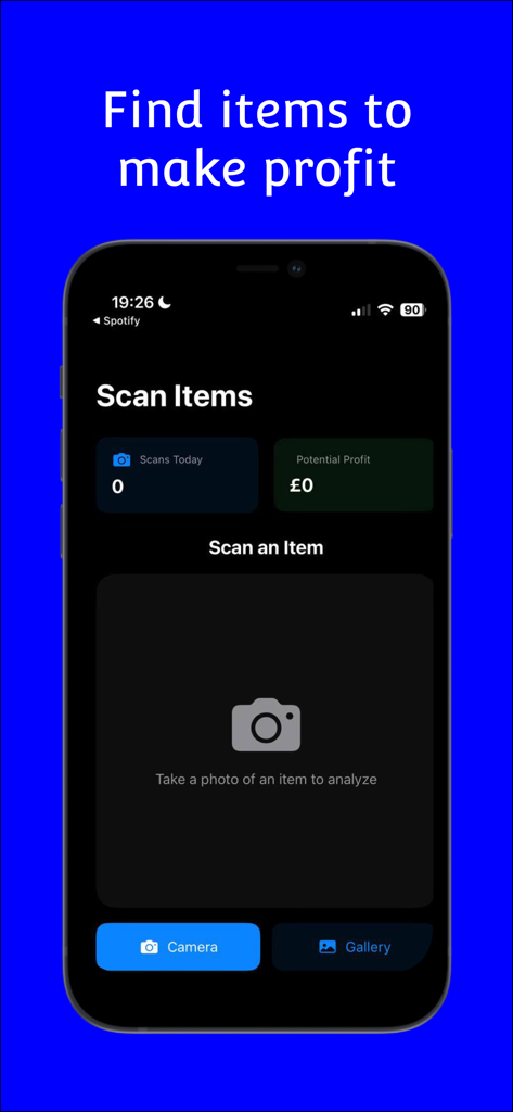 Mobile interface of Upas app for scanning items to identify resale profit
