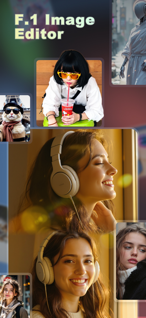 Collage of high quality AI generated portraits and images in the Flair AI app editor