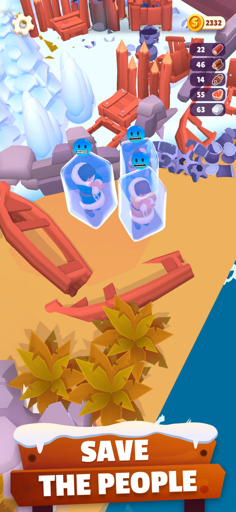 Gold Rush: Frozen Adventures - Gold Rush Frozen Adventures의 게임 플레이 스크린샷으로, 얼음 블록에 갇힌 캐릭터들과 사람들을 구하라는 행동 유도 문구가 표시됩니다.