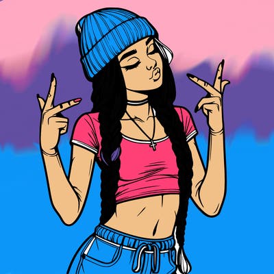 realistic teenage girl with braids and a beanie and crop top doing 🫶🏼