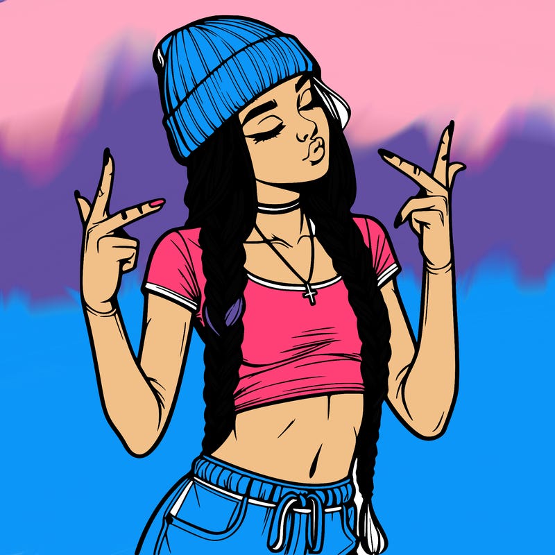 realistic teenage girl with braids and a beanie and crop top doing 🫶🏼