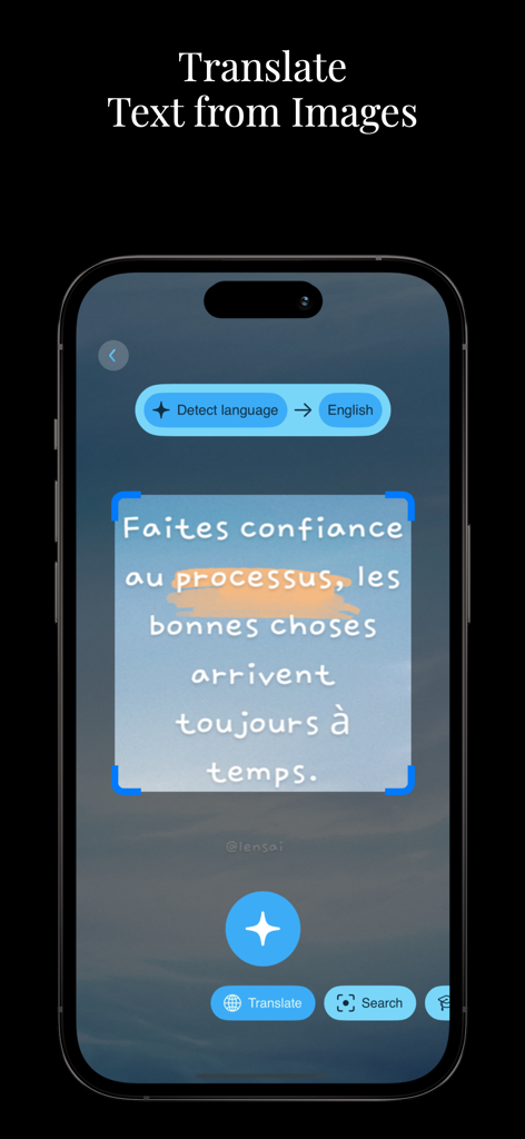 Identify Anything Lens.AI Scan - Interface de l'application Lens AI Scan traduisant du texte français d'une image en anglais