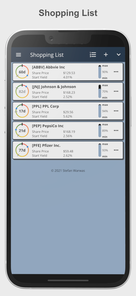 22 Dividends - Shopping list interface of the 22 Dividends app displaying a watchlist of dividend stocks with share prices and yields.