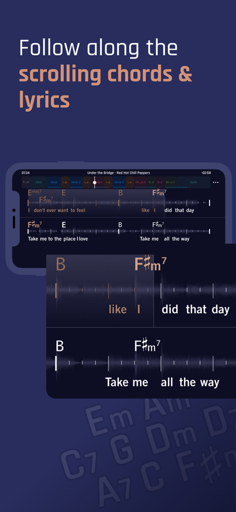 Jamzone App-Oberfläche mit synchronisierten scrollenden Akkorden und Texten für die Musikpraxis.
