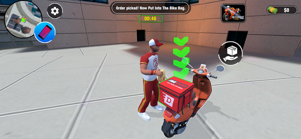 Food Hustle Delivery Game - Eine Figur in einer roten Uniform steht neben einem orangen Lieferroller in einer 3D-Stadtumgebung.