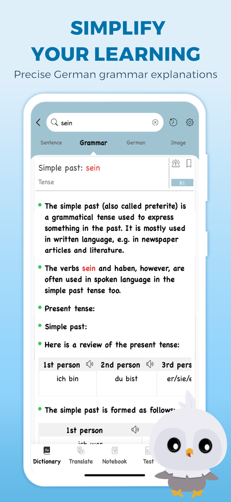 Explicação gramatical alemã para o verbo sein no aplicativo Faztaa