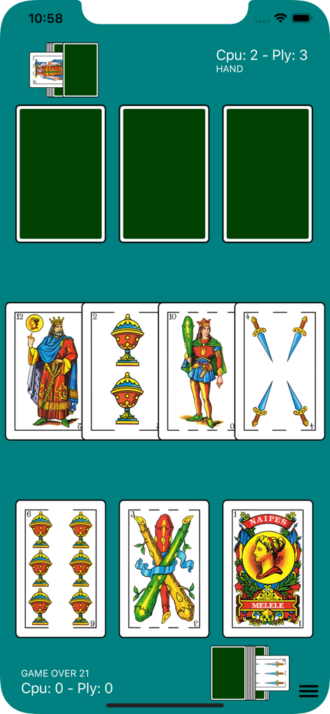 Partida de iEscoba mostrando cartas tradicionales españolas en un dispositivo móvil en orientación vertical.