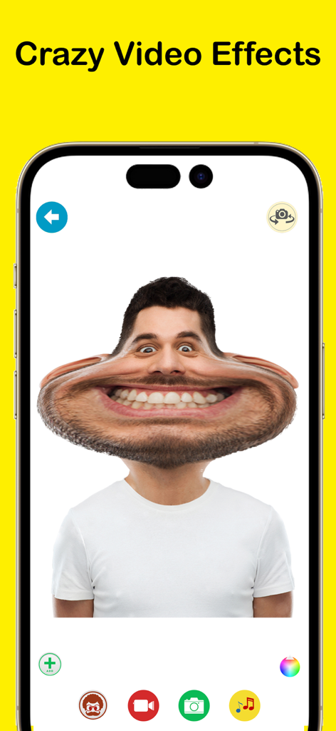 A smartphone screen displaying a funny distorted face effect in the Crazy Helium app