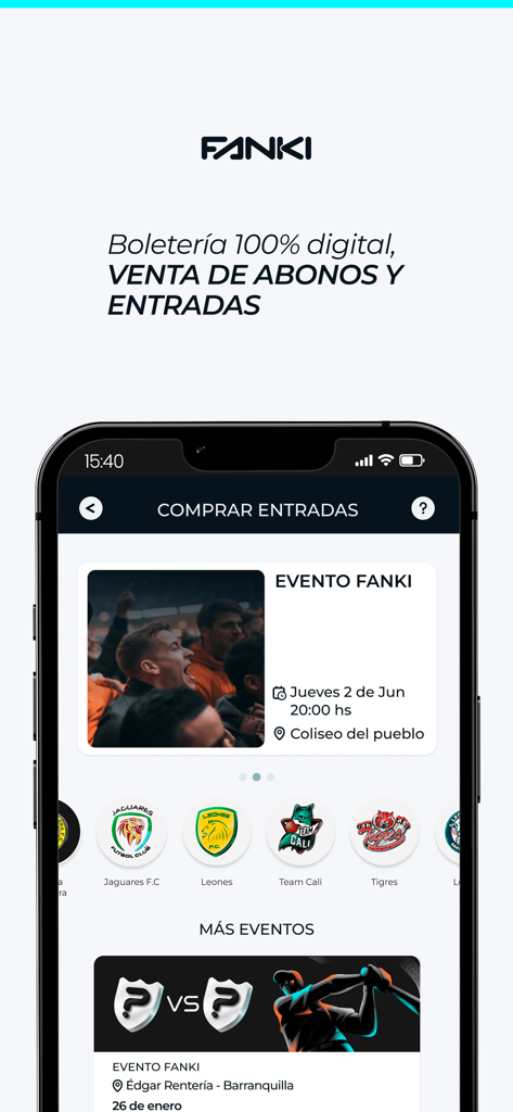 Fanki mobile app interface showing digital ticket sales for sports events and various team logos