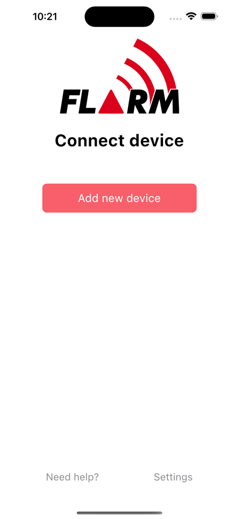 Tela principal do aplicativo FLARM Hub mostrando a interface de conectar dispositivo e o botão de adicionar novo dispositivo