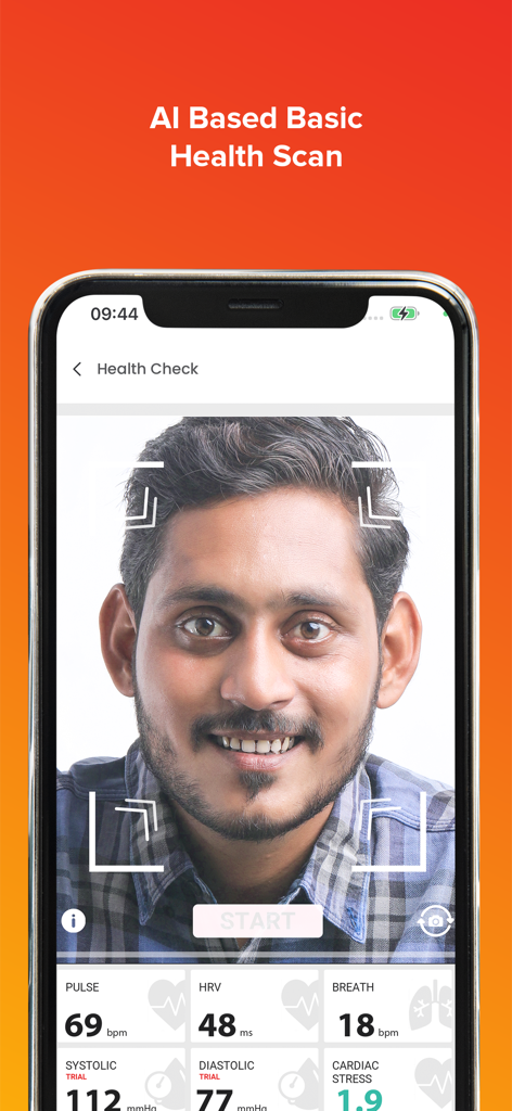 Smartphone screen showing an AI facial scan for a health check with vital signs like pulse and blood pressure