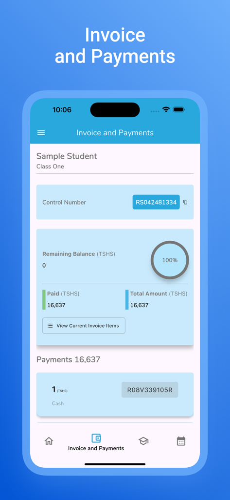 Baobab Schools - Capture d'écran de l'application Baobab Schools montrant les détails de la facture et du paiement de l'élève