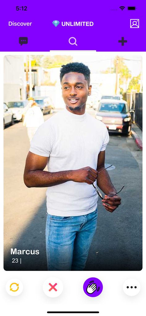 User profile screen in the Wave app for a person named Marcus with swipe and interaction buttons