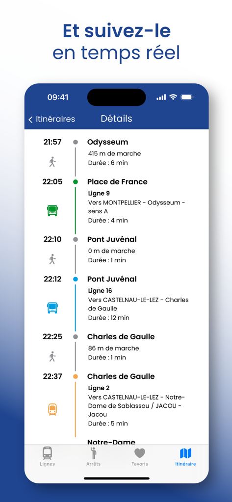 Interface de l'application Horaires TAM Montpellier montrant un itinéraire de transport en commun étape par étape avec les horaires des bus et trams en temps réel.