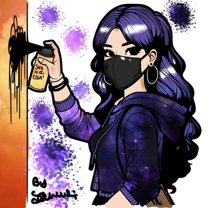 realistic girl with mask spray painting a wall