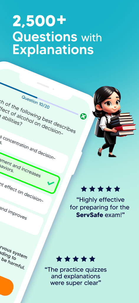 ServSafe: Practice Test Prep - Pantalla de la aplicación ServSafe Practice Test Prep con preguntas y reseñas de usuarios