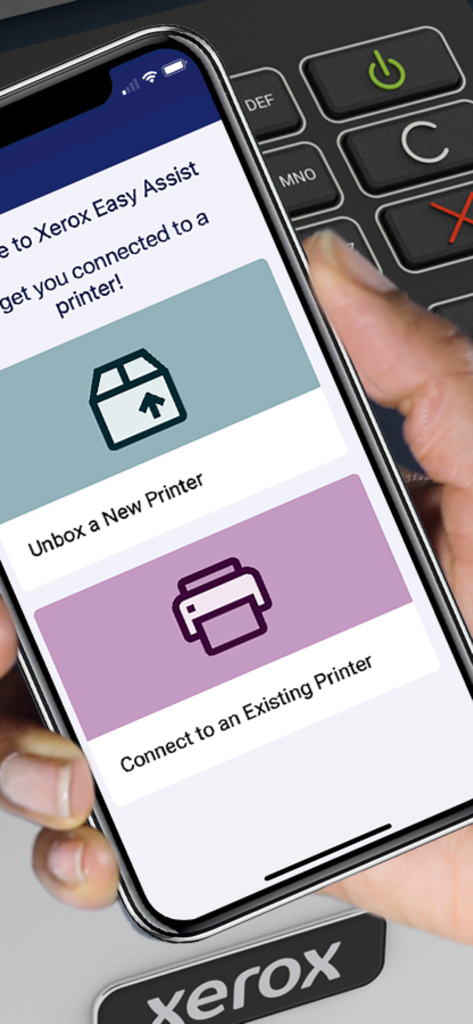 Xerox® Easy Assist - Smartphone showing Xerox Easy Assist app options to unbox a new printer or connect to an existing printer