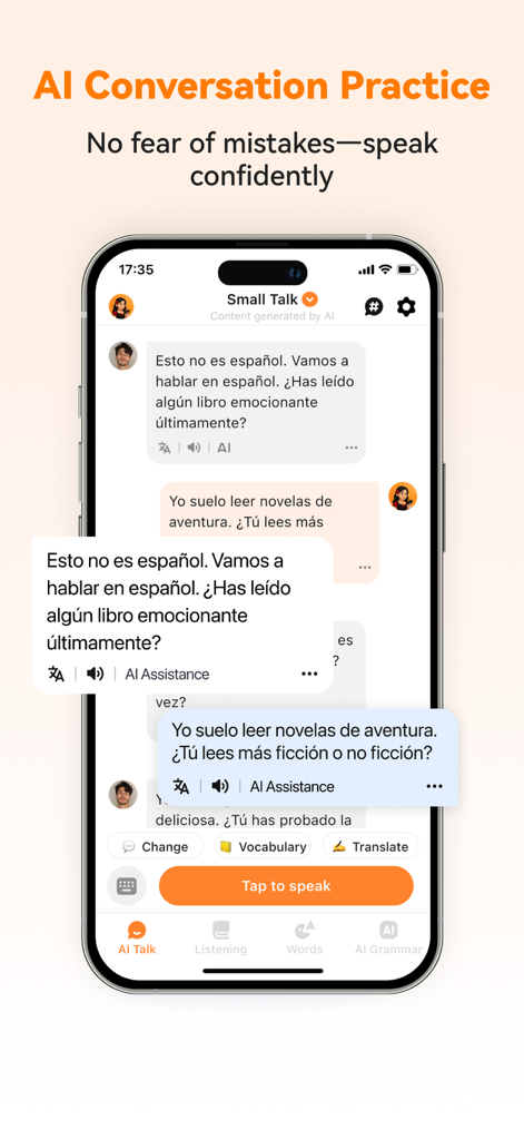 スペイン語学習のための翻訳と音声ツールを備えたチャットインターフェースを示すSpanish Aiアプリ内のAI会話練習画面。