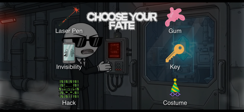 Stickman Escape : Jail Fails - Ein Stickman-Charakter in einem Anzug, der zwischen verschiedenen Fluchtwerkzeugen wie einem Laserstift und einem Schlüssel wählt