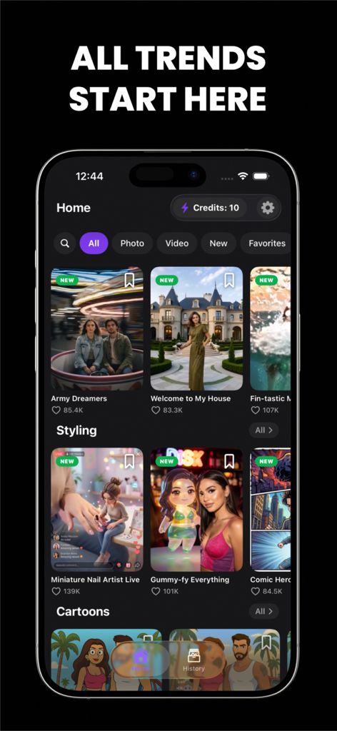 Tooner AI: Photo Editor - Home screen of the Tooner AI app showing trending photo and video styling templates