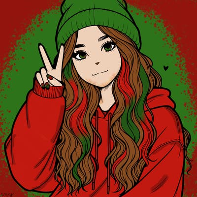 a teenage girl in a beanie, oversized sweatshirt, wavy long hair, and is showing a ✌️