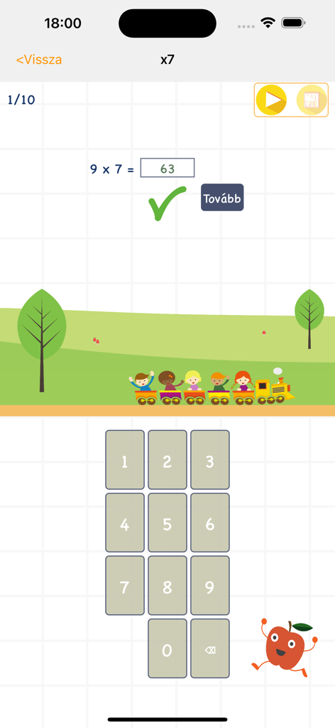 Tela de prática de tabuada de multiplicação mostrando um problema de matemática com um visto verde e um teclado numérico