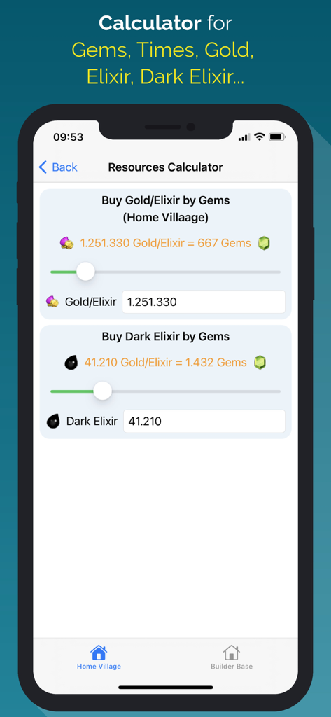 Maps for Clash Of Clans - Resource calculator screen for the Maps for Clash of Clans app showing gem costs for gold and elixir