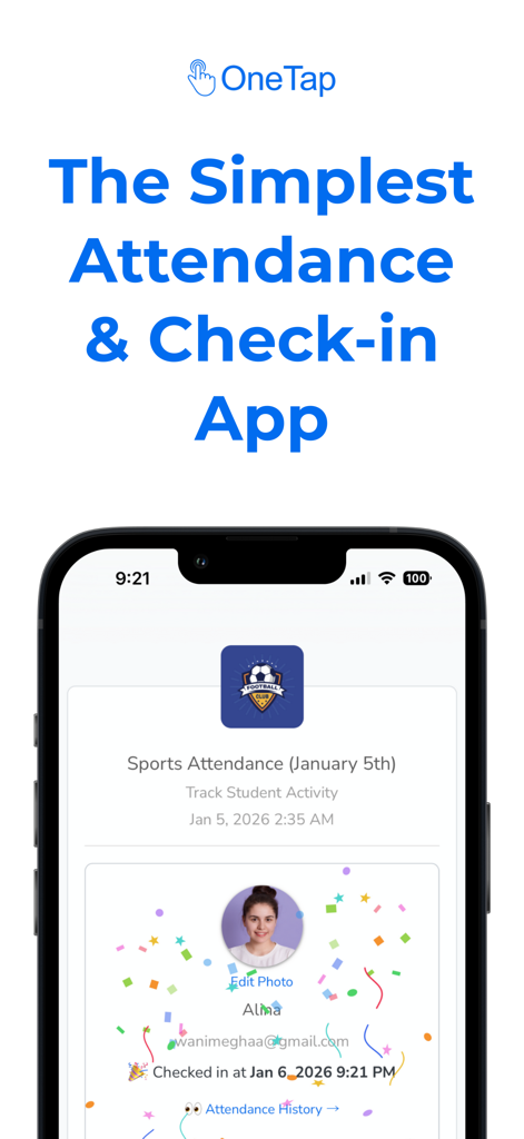 OneTap Check-In - OneTap Check-In mobile app interface displaying student attendance for a sports club